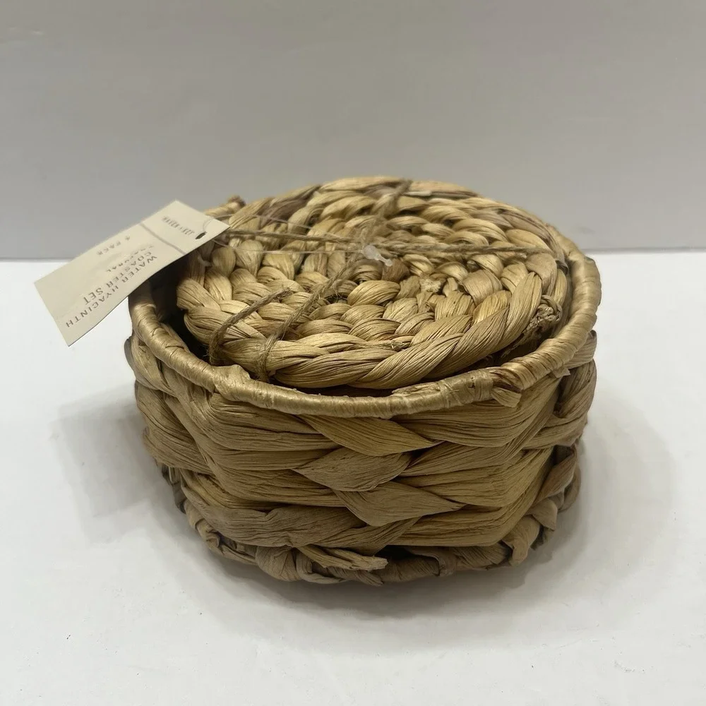 Haven + Key Natural Water Hyacinth Coasters Set Of 4 W/ Holder New Tan Boho